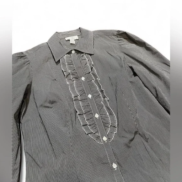 LOFT Black and White Striped Button-Up Shirt Classic Preppy - Picture 4 of 7